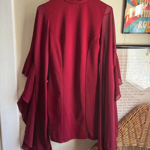 Burgundy huge bell sleeve blouse with ruffled sleeves